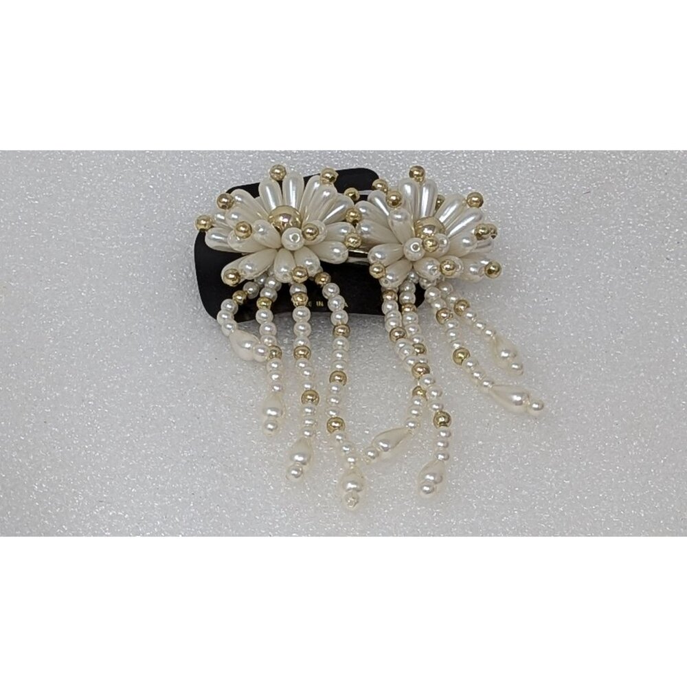 Vintage Beaded Hair Jewelry Clip Barrette White & Gold Beads Floral 4 1/4"x6"